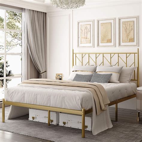 blue metal bed frame queen with gold brackets|metal frame bed queen.